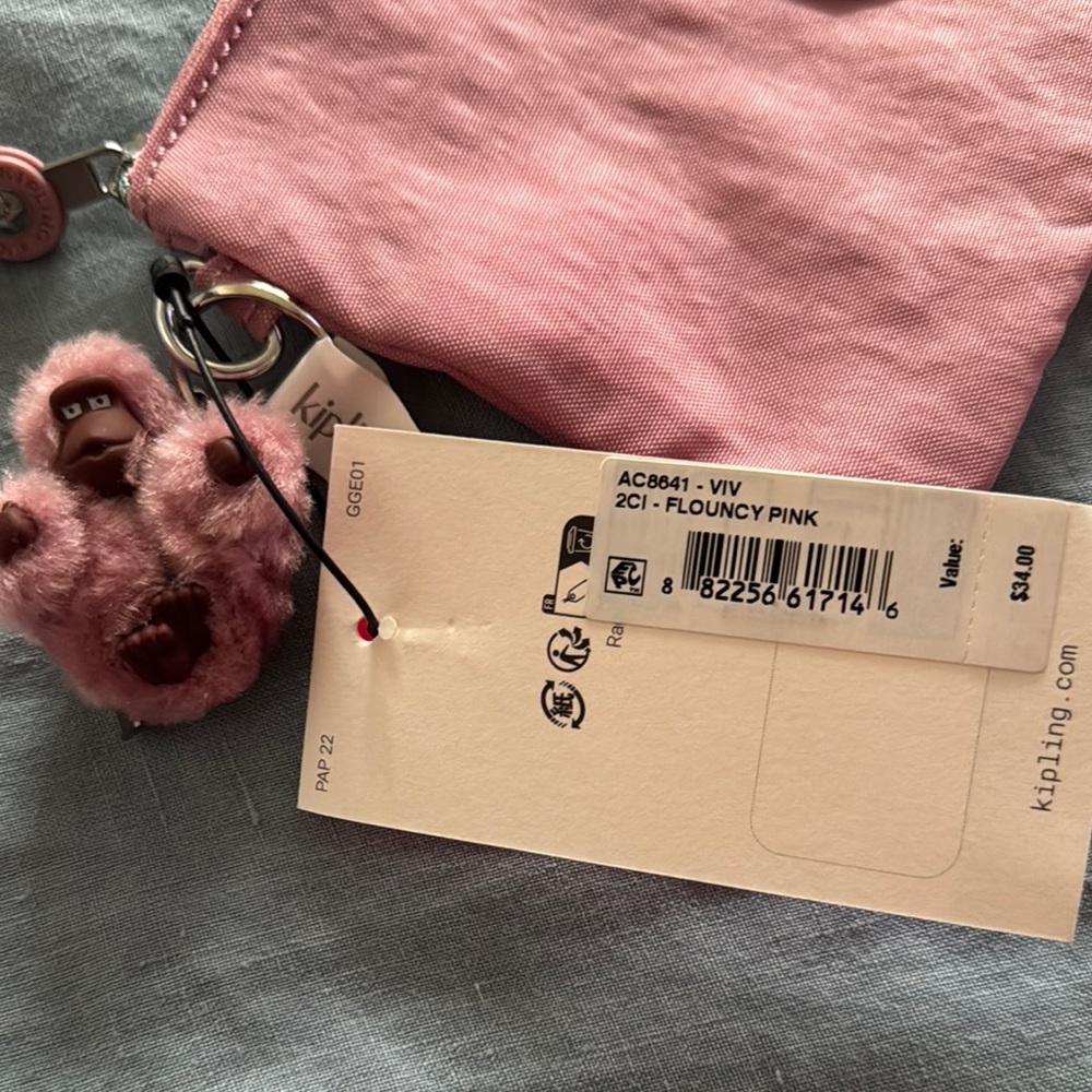 Kipling Pink Cosmetic Bag with Monkey Charm and Crinkled Nylon - Picture 2 of 4